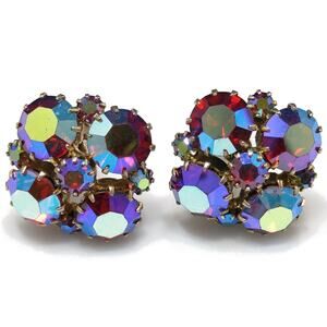 Vintage 1960s Red Aurora Borealis Rhinestone Clip Earrings, Gold Plated